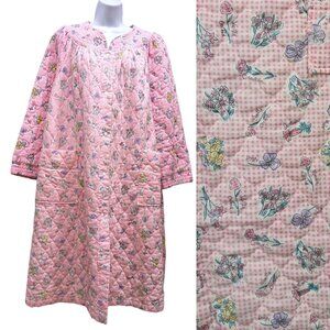 VTG Leisure Life Quilted Floral Robe Housecoat Pockets Snap Up Pink Size L?